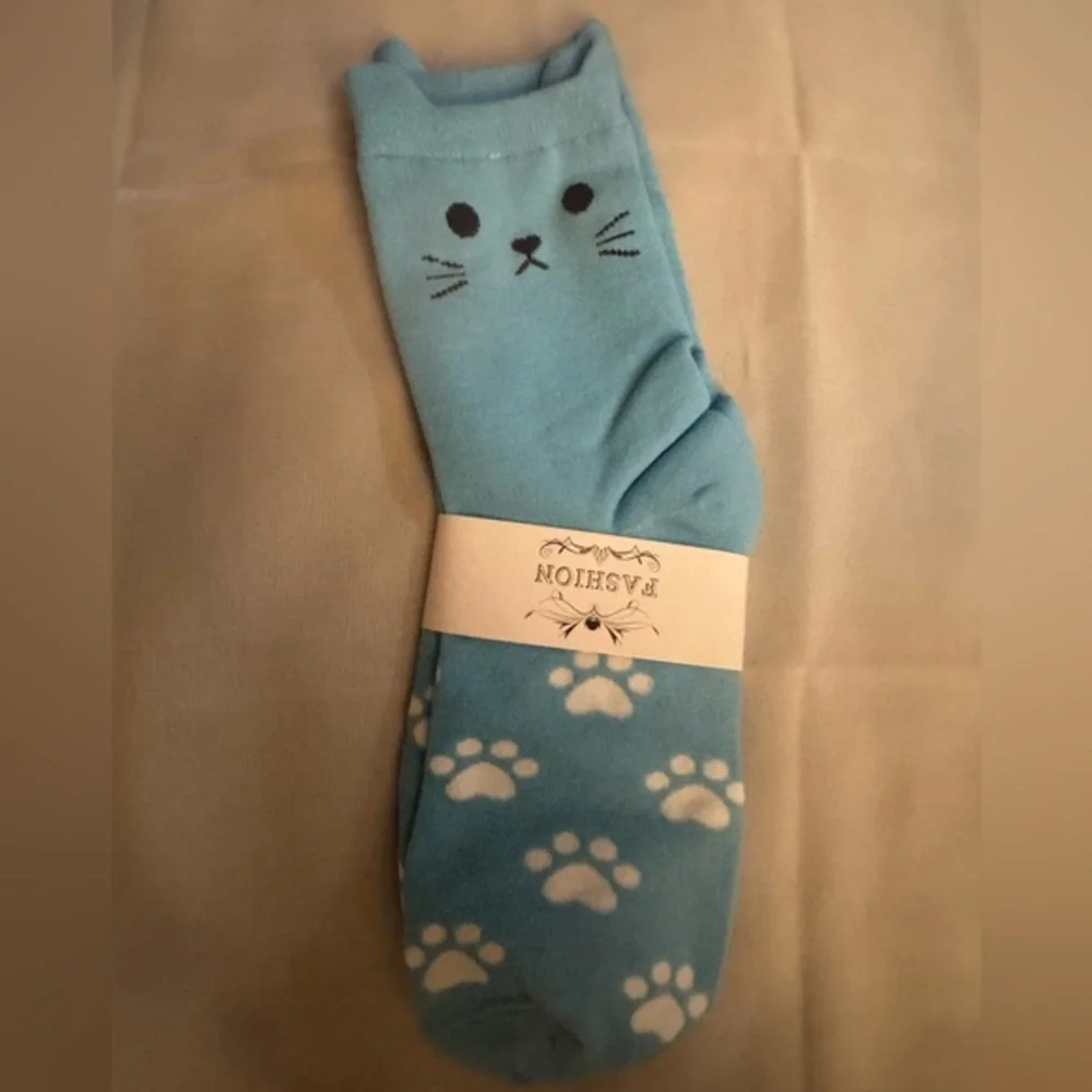 PAWSitivity MEOW 😻 Blue Cat face with ears Paw Print fashion Socks - NWT